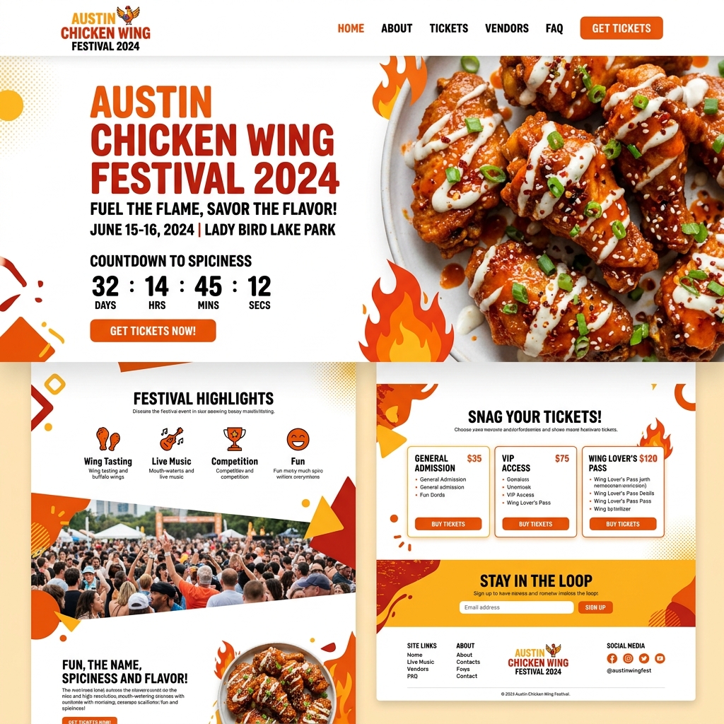 Vibrant and colorful landing page for Austin Chicken Wing Festival